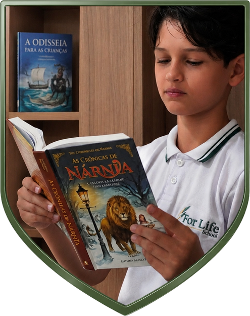 Criança lendo um livro Crônicas de Nárnia em Escola Cristã